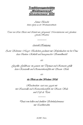 Silvester Menü in der Weidmannsruh
